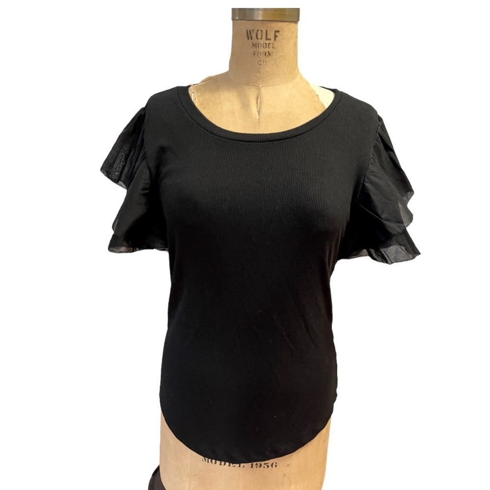 Gap | Black Ruffled Sleeve Knit Rib Tshirt - Picture 2 of 7